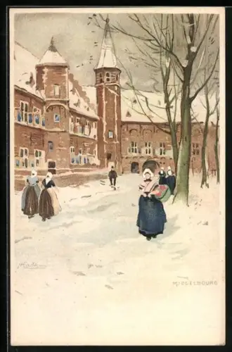 Künstler-AK Henri Cassiers: Middelbourg, holländische Frauen in Trachten im Winter vor Gebäude mit Turm