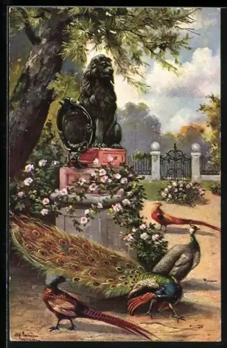 Künstler-AK Alfred Schönian: Blauer Pfau mit leuchtendem Federkleid, Denkmal, Pfau