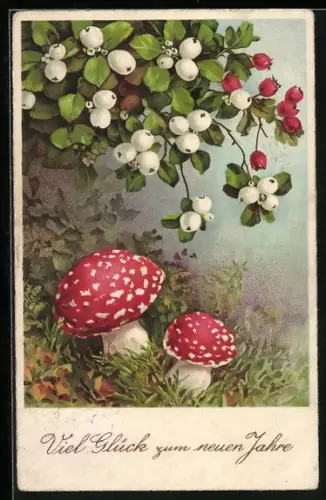 AK Fliegenpilze stehen vor einem Vogelbeerenstrauch