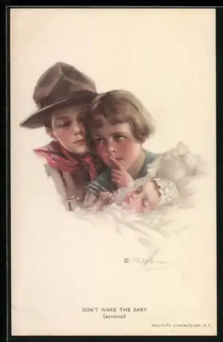 Künstler-AK Philip Boileau: Pfadfinder mit Schwester und schlafendem Baby