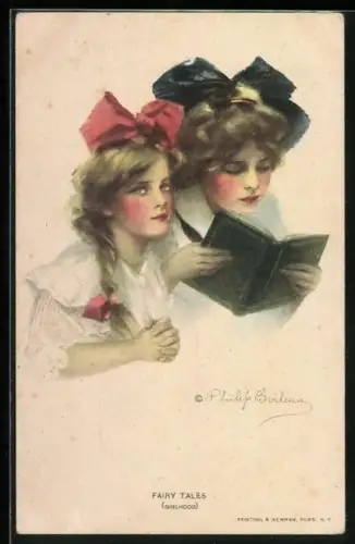 Künstler-AK Philip Boileau: Zwei Schwestern lesen in einem Buch