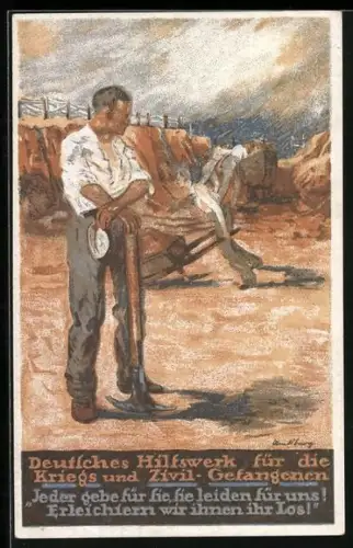 Künstler-AK Deutsches Hilfswerk für die Kriegs- und Zivilgefangenen, Soldaten bei der Feldarbeit