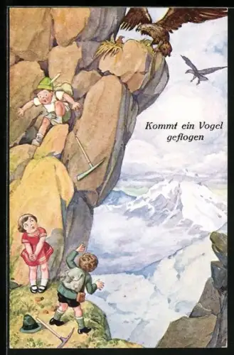 Künstler-AK Kleine Bergsteiger und Adler
