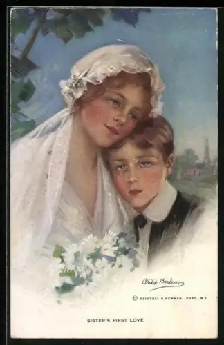Künstler-AK Philip Boileau: Schwesterchens erste Liebe, Fräulein im Brautkleid