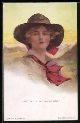 Künstler-AK Philip Boileau: The Girl of the golden West, Fräulein mit Hut & roter Schleife