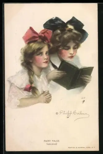 Künstler-AK Philip Boileau: Zwei Schwestern lesen in einem Buch
