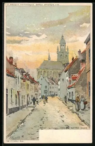 Künstler-AK F. Ranot: Hal, Église Notre-Dame, Ortspartie mit Blick auf die Kirche Notre-Dame