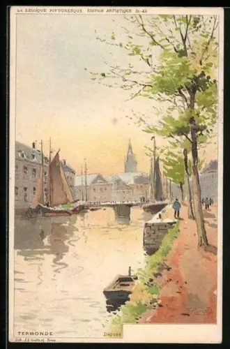 Künstler-Lithographie F. Ranot: La Belgige Pittoresque - Termonde, Partie am Wasser