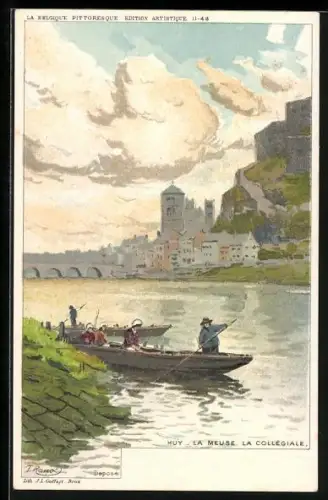 Künstler-AK F. Ranot: Huy, La Meuse la Collégiale, Flusspartie mit Booten
