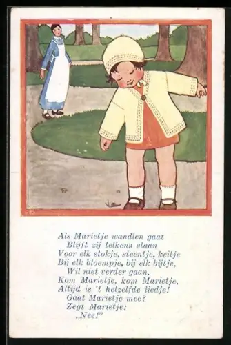 Künstler-AK Rie Cramer: Kind verstreut Brotkrumen Voor `t slapen gaan