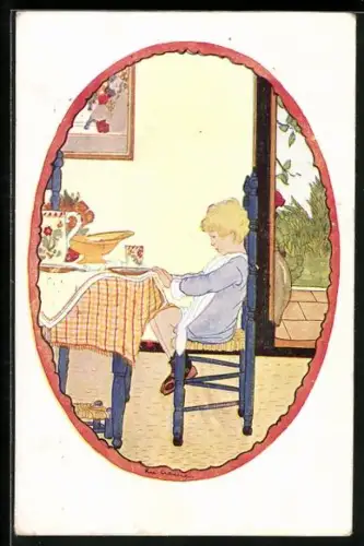 Künstler-AK Rie Cramer: Knabe sitzt am Esstisch