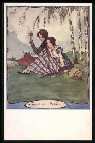 Künstler-AK Rie Cramer: junger Mann liest seiner Geliebten aus einem Buch