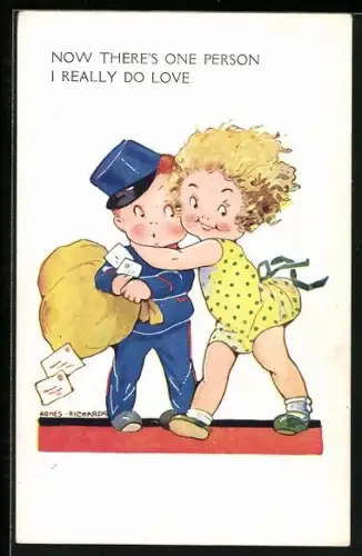 Künstler-AK Agnes Richardson: Now there`s one person I really do love, Mädchen umarmt Briefträger