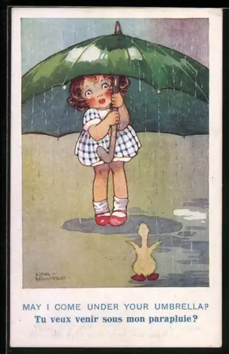 Künstler-AK Agnes Richardson: May I come under your umbrella, Mädchen unterm Schirm und Küken