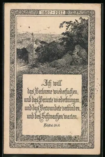 AK Bethel, Feldpartie mit Hirte mit Blick zur Stadt, mit Bibelvers
