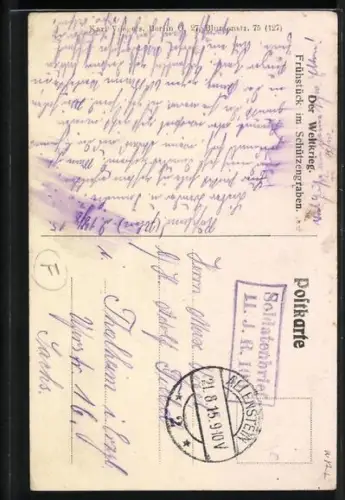 AK Frühstück im Schützengraben, Soldatenleben