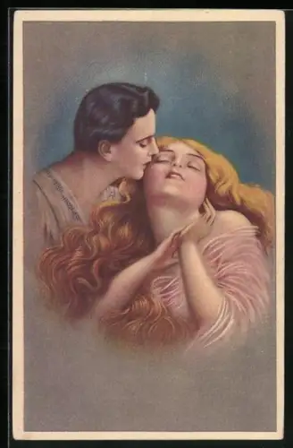 AK Art Deco, Mann küsst Frau auf die Wange