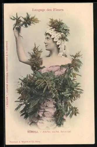 AK Langage des Fleurs, Blumensprache, Mimosa, Amour caché, Sécurité, Mädchen mit Mimosenstrauss