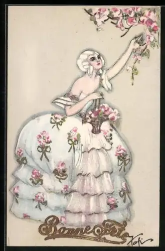 Künstler-AK Herzliche Neujahrsgrüsse, Barockdame pflückt Blüten, Art Deco