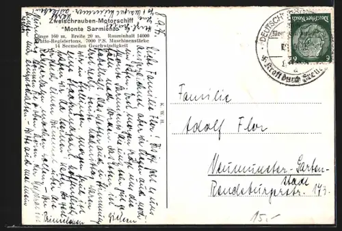 AK Schnelldampfer Monte Sarmiento, Passagierschiff der Hamburg Süd