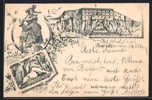 AK Belfort, Château de Belfort avec illustrations artistiques et décoratives