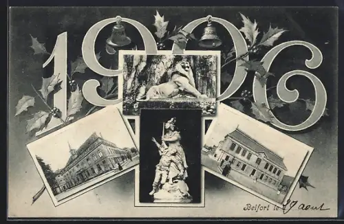 AK Belfort, Collage de monuments avec le Lion de Belfort et bâtiments emblématiques, 1906
