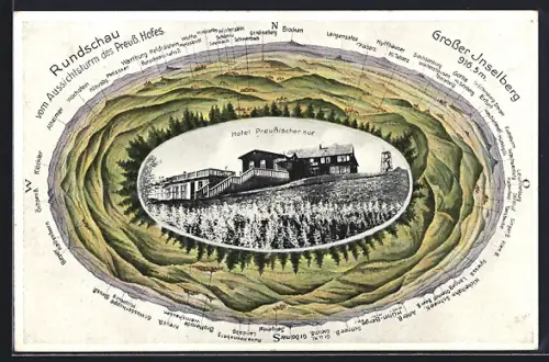 Lithographie Grosser Inselsberg, Hotel Preussischer Hof, Aussichtsturm, Rundschau