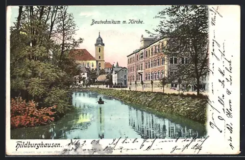 AK Hildburghausen, Bautechnikum, Kirche, Fluss
