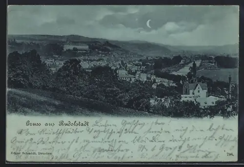 Mondschein-AK Rudolstadt, Panoramaansicht der Stadt bei Nacht