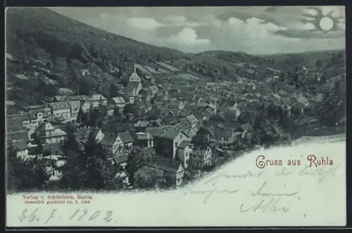 Mondschein-AK Ruhla, Gesamtansicht des Ortes im Tal