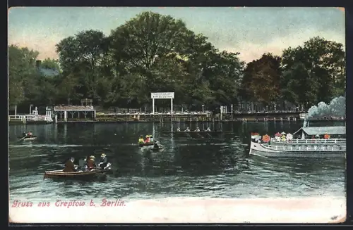AK Treptow b. Berlin, Dampfer, Ruderboote, Anlegestelle