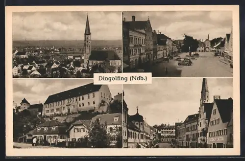 AK Dingolfing /Ndb., Stadtansicht, Kirche, Marktplatz, Gasthaus