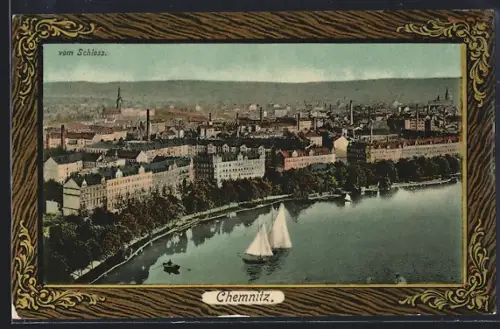AK Chemnitz, Stadtansicht vom Schloss, Fluss mit Segelbooten