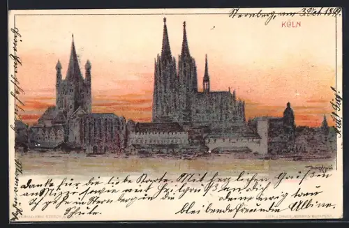 Lithographie Köln, Dom mit Rheinpanorama