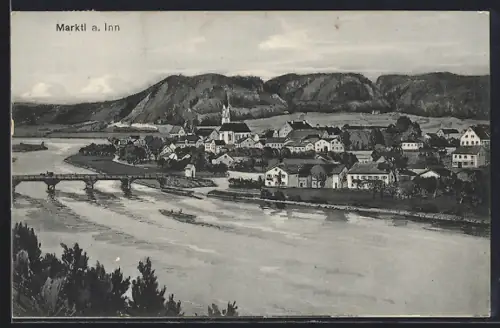 AK Marktl a. Inn, Ortsansicht mit Kirche und Innbrücke