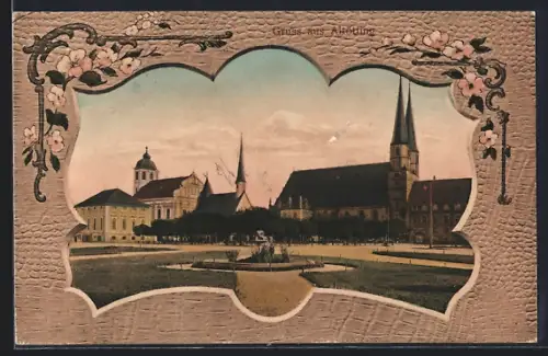 AK Altötting, Kirche und Marktplatz im Blumen-Passepartout