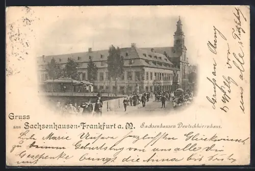 AK Frankfurt-Sachsenhausen, Deutschherrnhaus, Menschen auf der Brücke