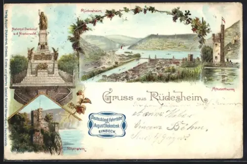 Lithographie Rüdesheim / Rhein, Niederwalddenkmal, Mäuseturm, Rheinpartie