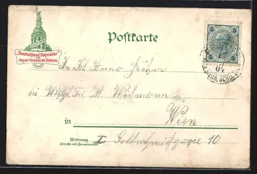 Lithographie Rüdesheim / Rhein, Niederwalddenkmal, Mäuseturm, Rheinpartie