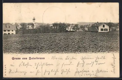 AK Baierbrunn, Ortsansicht mit Kirche und Wohnhäusern