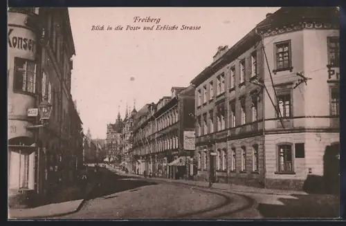 AK Freiberg / Sachsen, Blick in die Post- und Erbische Strasse