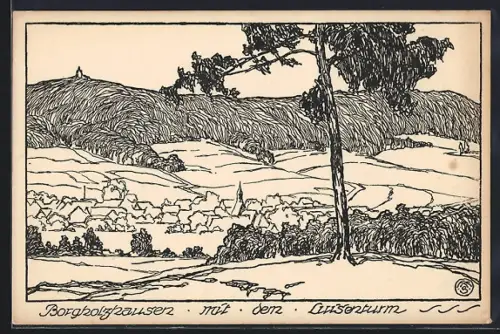 Künstler-AK Borgholzhausen, Ortsansicht mit dem Luisenturm