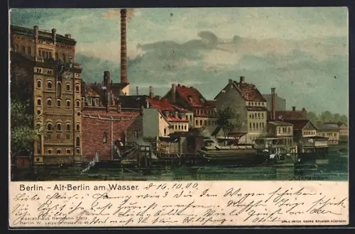 Lithographie Alt-Berlin, Partie am Wasser mit Industrie und Schiff