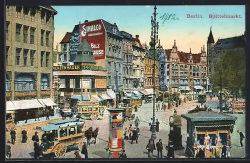 AK Berlin, Spittelmarkt mit Geschäften, Hauswandwerbung für Sinalco und Strassenbahn