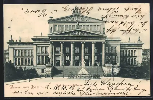 AK Berlin, Kgl. Schauspielhaus, Frontansicht mit Statue, Gendarmenmarkt