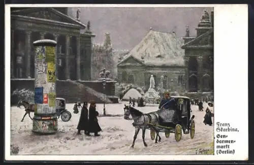 Künstler-AK Franz Skarbina: Berlin, Gendarmenmarkt mit Pferdekutsche und Litfasssäule im Winter
