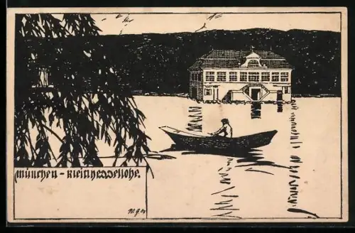 Künstler-AK München-Kleinhesselohe, Ruderboot auf dem See