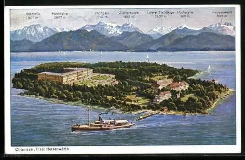 AK Chiemsee, Insel Herrenwörth mit Alpenpanorama und Passagierdampfer