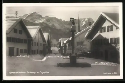 AK Partenkirchen, Floriansplatz mit Zugspitze im Winter