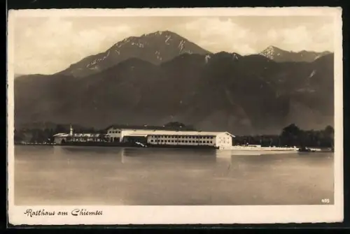 AK Chiemsee, Rasthaus am Chiemsee mit Bergpanorama